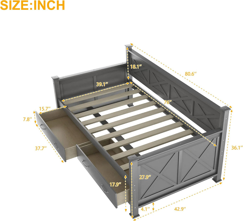 Gray Wood Drawer Twin Daybed