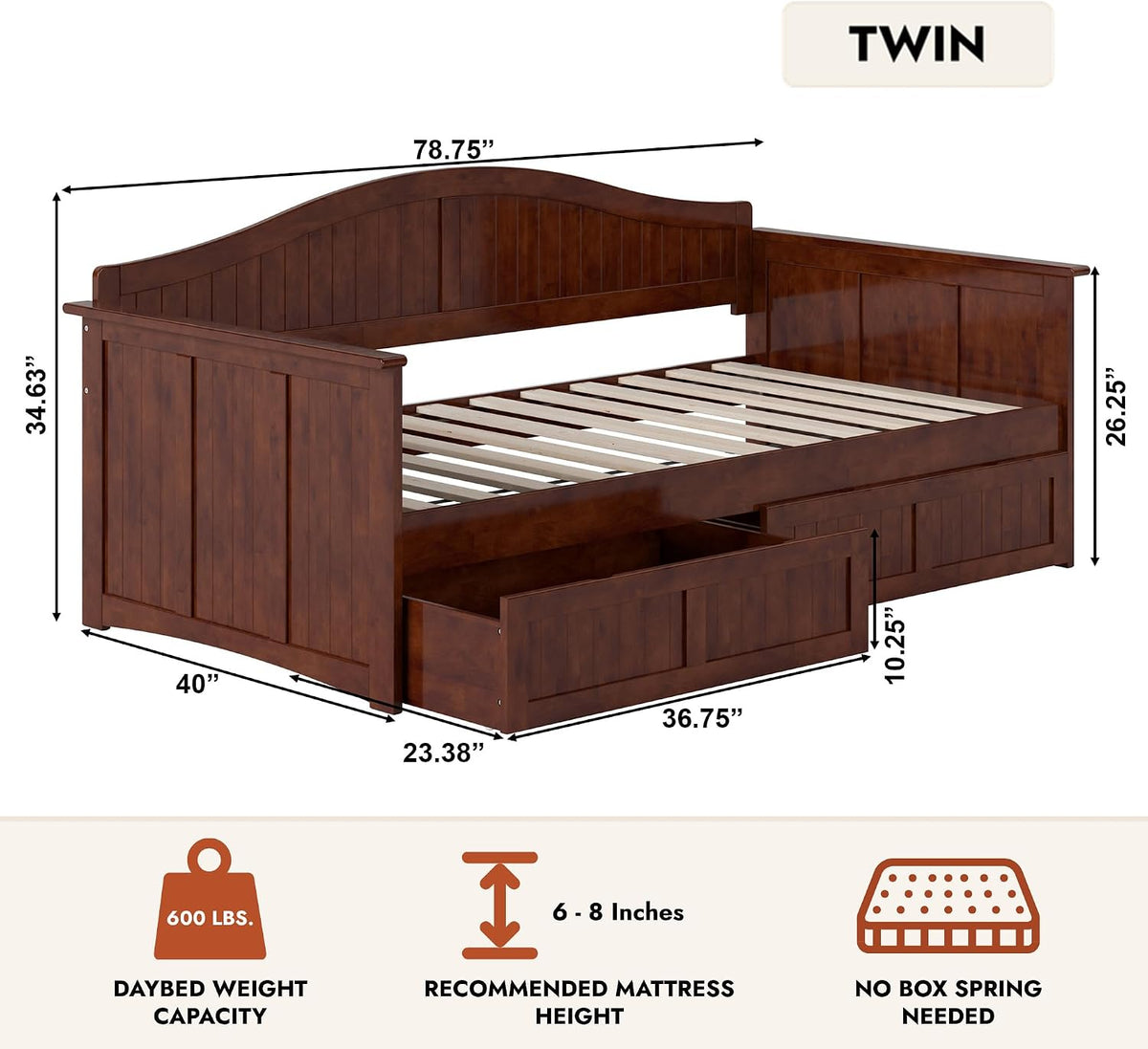 Walnut Storage Drawer Twin Daybed