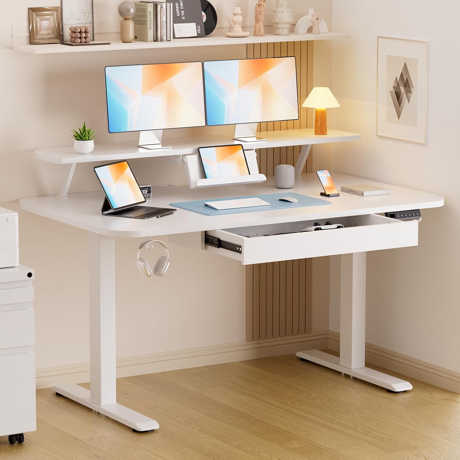 White Electric Standing Desk Storage