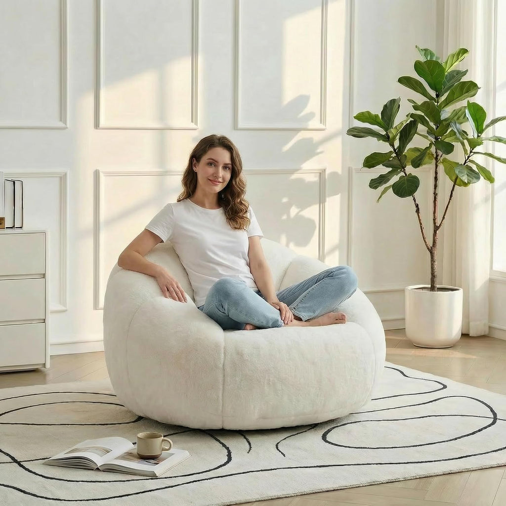 Cream Floral Faux Fur Bean Sofa