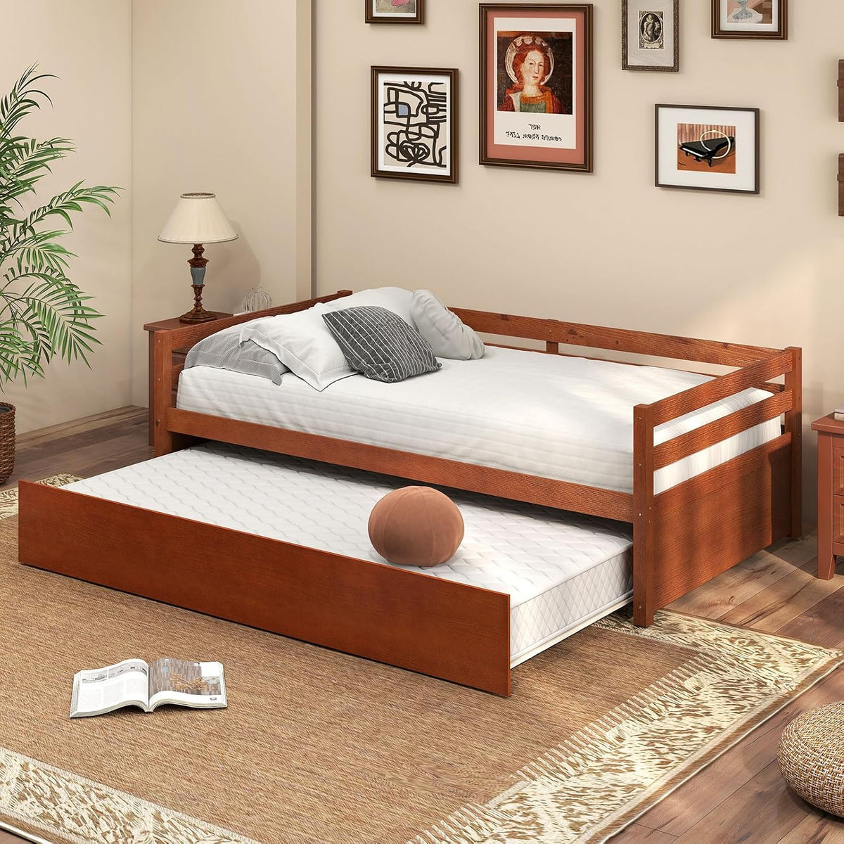 Walnut Wood Twin Trundle Daybed