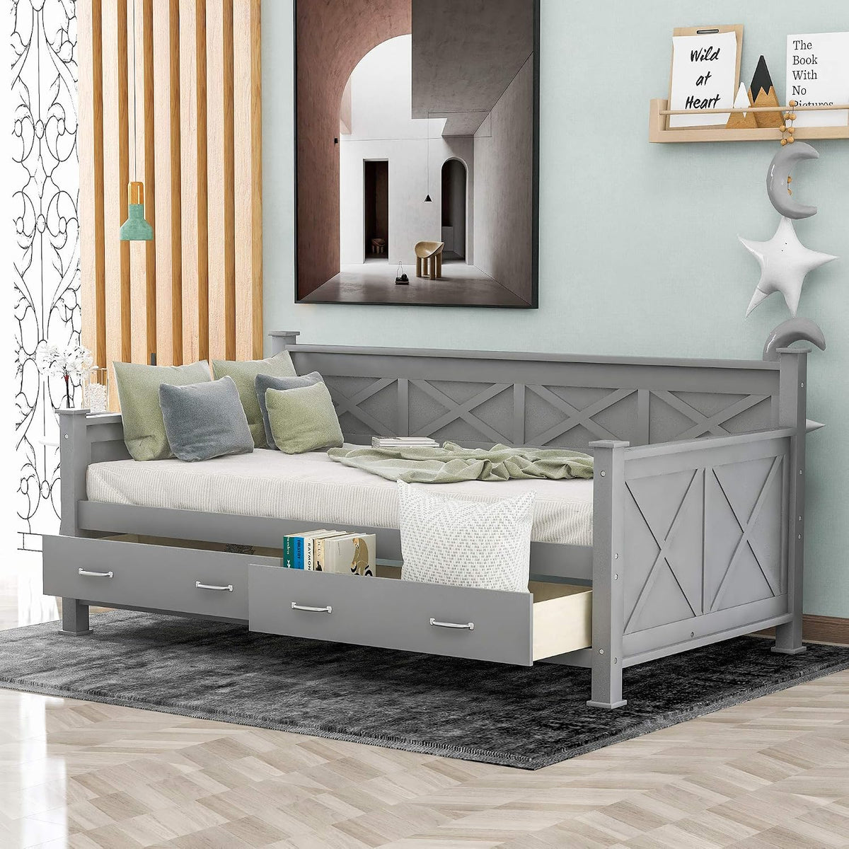 Gray Wood Drawer Twin Daybed